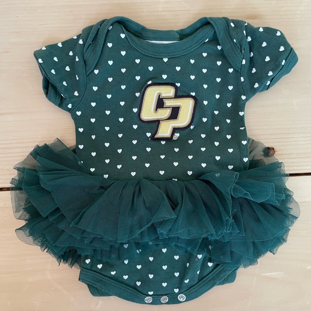 Cal Poly Green Heart Patterned Baby Onesie with Tutu